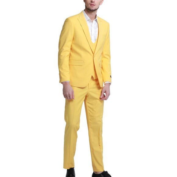Canary Peak Lapel Double Breasted Vest Skinny Fit Men's Suit - Picture 1 of 2